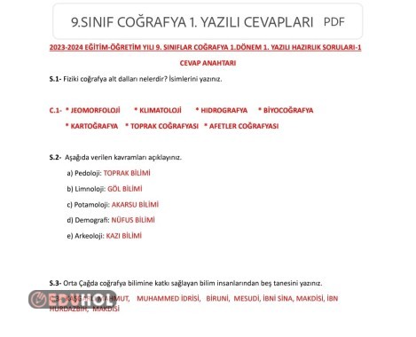 9. Sınıf Coğrafya Yazılıya Hazırlık 1. Cevap Anahtarı
