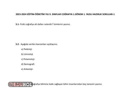 9.SINIF COĞRAFYA 1.DÖNEM 1.YAZILI ÖRNEKLERİ 1