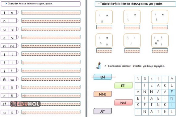 1.SINIF İLKOKUMA YAZMA  i SESİ HECE KELİME BULMACA