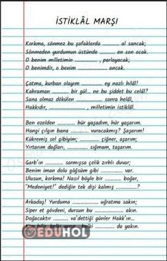 İstiklal Marşı, Eksik Kelimeleri Tamamlama Çalışması