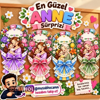 ANNE Kelimesi Renkli Çiçek Buketleri