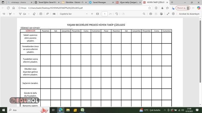 YAŞAM BECERİLERİ PROJESİ HİJYEN TAKİP ÇİZELGESİ