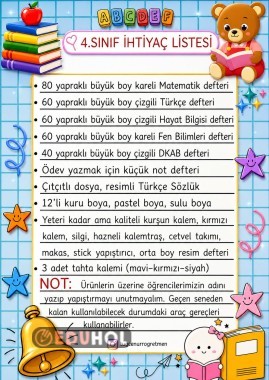 1/2/3/4 Sınıf İhtiyaç Listesi