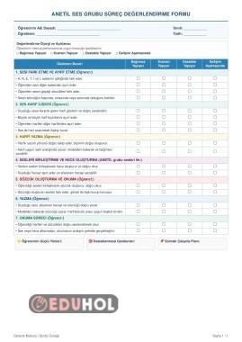 1.Sınıf 4.Harf Grubu Süreç Değerlendirme Formu