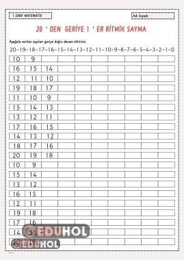 20'den Geriye 1'er Ritmik Sayma Çalışma Sayfası