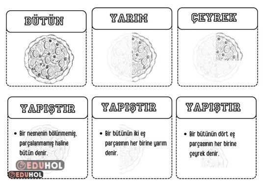 Kesirler (bütün, yarım, çeyrek) interaktif defter çalışması renksiz