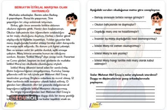 BERKAY'IN İSTİKLAL MARŞI'NA OLAN HAYRANLIĞI OKUDUĞUNU ANLAMA METNİ-12 MART