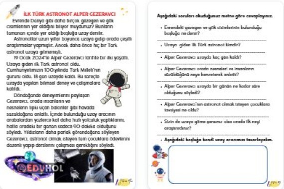 İLK TÜRK ASTRONOT ALPER GEZERAVCI OKUDUĞUNU ANLAMA METNİ