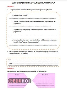 SEYİT ONBAŞI-METNE UYGUN SORULARI CEVAPLA