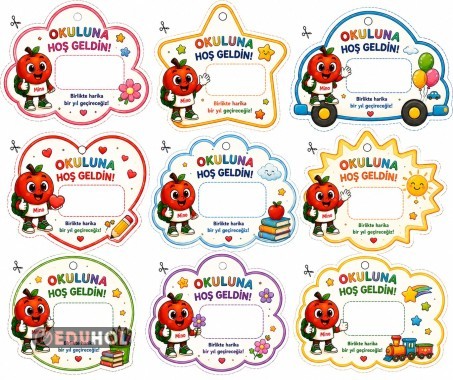 🍎 Mino ile hazırlanan birbirinden sevimli “Okuluna Hoş Geldin” yaka kartları! 🎒✨