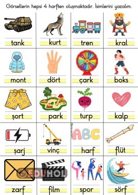 4 harfli tek hecelerin görsel diktesi