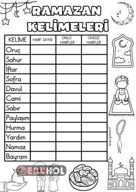 RAMAZAN KELİMELERİ İLE ÜNLÜ-ÜNSÜZ HARFLER VE BOYAMA