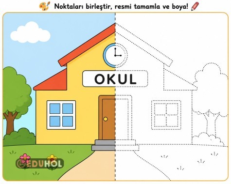 Okul görseli nokta birleştirme ve boyama tamamlama