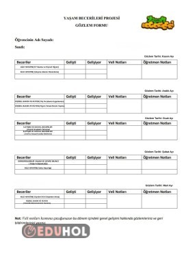 Yaşam becerileri projesi gözlem formu
