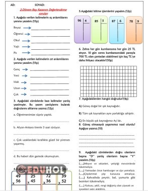 2.Dönem Başı Kazanım Değerlendirme Testi