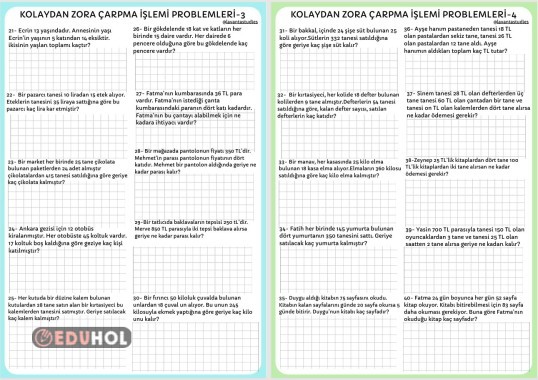 3. Sınıf Kolaydan Zora Çarpma İşlemi Problemleri 3-4
