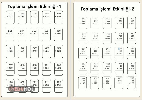 Toplama İşlemi Etkinlikleri 1-2