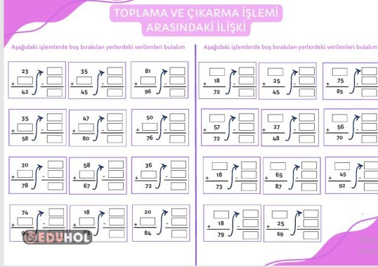 Toplama ve Çıkarma işlemi arasındaki ilişki çalışma kağıdı