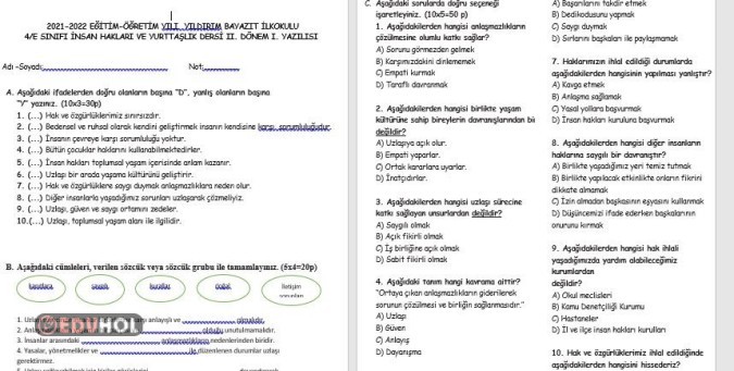 4. Sınıf İnsan Hakları ve Yurttaşlık 2. Dönem 1. Yazılı