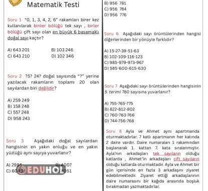 4. Sınıf Matematik 1. Ünite Değerlendirme Soruları