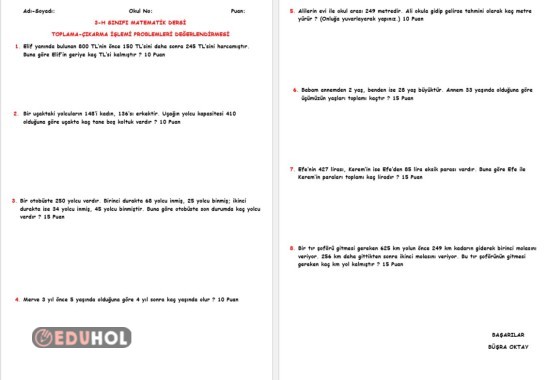 TOPLAMA-ÇIKARMA İŞLEMİ PROBLEMLERİ DEĞERLENDİRMESİ ( Comic Sans yazı fontu ile )