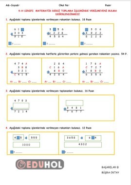 TOPLAMA İŞLEMİNDE VERİLMEYENİ BULMA DEĞERLENDİRMESİ (WORD)