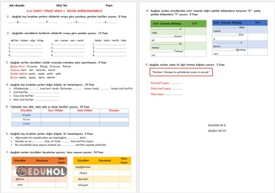 TÜRKÇE DERSİ 1. BÖLÜM DEĞERLENDİRMESİ (PDF)