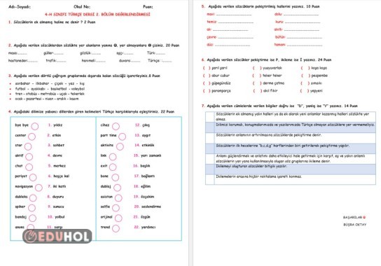 TÜRKÇE DERSİ 2. BÖLÜM DEĞERLENDİRMESİ (WORD)