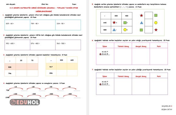 ZİHİNDEN ÇIKARMA - TOPLAMI TAHMİN ETME DEĞERLENDİRMESİ (PDF)