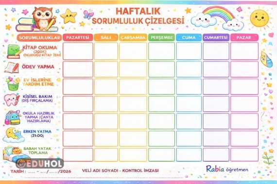 Öğrenciler için haftalık sorumluluk çizelgesi