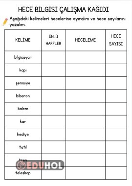 1.Sınıf hece bilgisi çalışma kağıdı