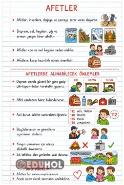 1. Sınıf Afetleri Tanıyalım Defter Notu