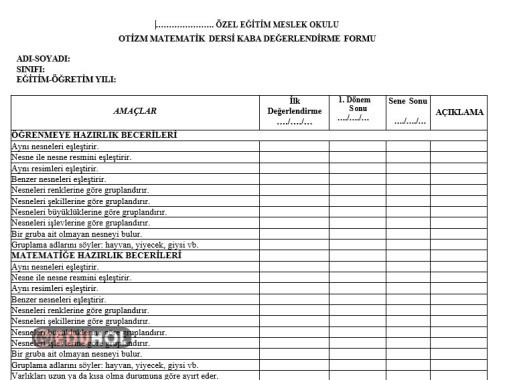 OTİZM MATEMATİK ÖZEL EĞİTİM MESLEK OKULU KABA DEĞERLENDİRME