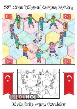 23 Nisan Boyama Sayfası Altıgen Şekiller Kalp Yapan Çocuklar