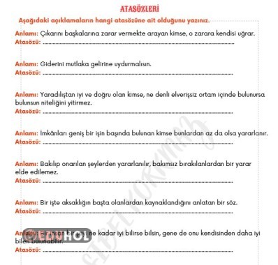 ANLAMI VERİLEN ATASÖZÜNÜ YAZMA - CEVAPLI - METİNLERİN ANA FİKRİNİ ATASÖZÜ OLARAK YAZMA