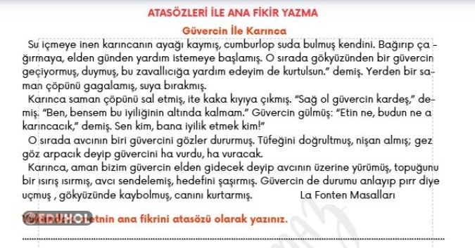 ATASÖZÜ ETKİNLİĞİ CEVAPLI - METİNLERİN ANA FİKRİNİ ATASÖZÜ OLARAK YAZMA