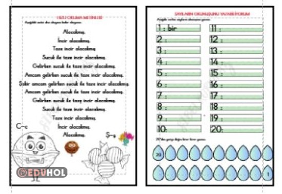 C VE Ş SESİ HIZLI OKUMA METNİ - 20 'YE KADAR SAYILARIN OKUNUŞUNU YAZMA