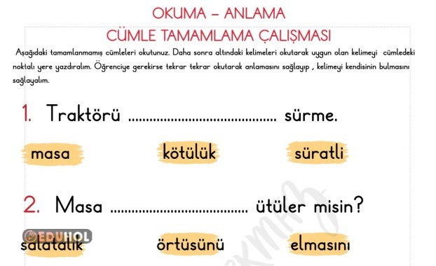 Ö SESİ CÜMLE DİKTESİ - CÜMLE TAMAMLAMA - 20'DEN BİRER GERİYE SAYMA