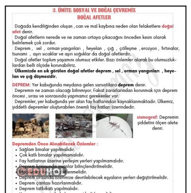 SOSYAL VE DOĞAL ÇEVREMİZ - DOĞAL AFETLER DEFTER ÖZETİ