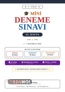 1. Sınıf 34. Hafta Mini Deneme Sınavı PDF İndir | Türkçe Matematik Hayat Bilgisi