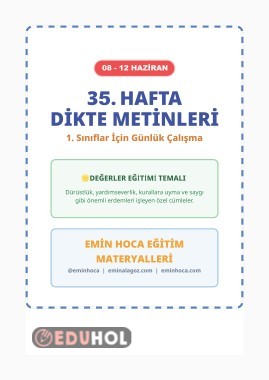 1.Sınıf 35. Hafta Günlük Dikte Cümleleri (08-12 Haziran) | Emin Hoca Haziran 7, 2026