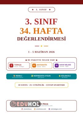 3. Sınıf 34. Hafta Değerlendirmesi PDF İndir | Türkçe Matematik Hayat Bilgisi