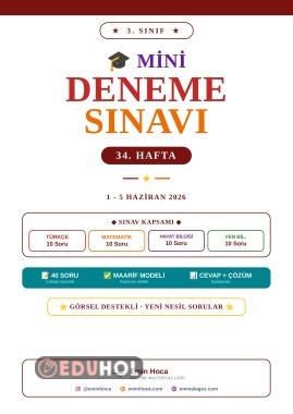 3. Sınıf 34. Hafta Mini Deneme Sınavı PDF İndir | Türkçe Matematik Hayat Bilgisi Fen Bilimleri