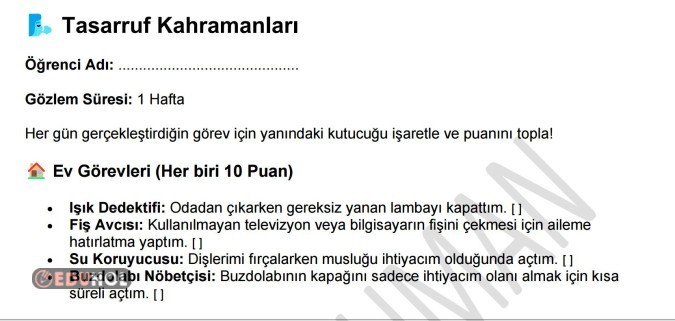 GÖZLEM FORMU 31. HAFTA TASARRUF