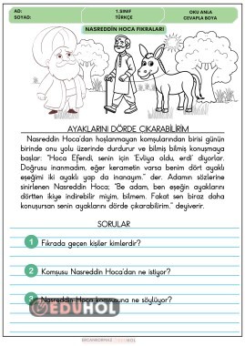 1.ve 2. sınıf için okuma anlama ve boyama sayfası