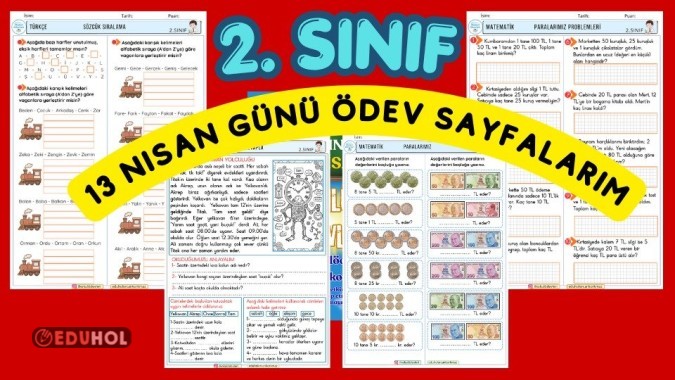 2. Sınıf 13 Nisan günü günlük ödev çalışmalarım 4 sayfa