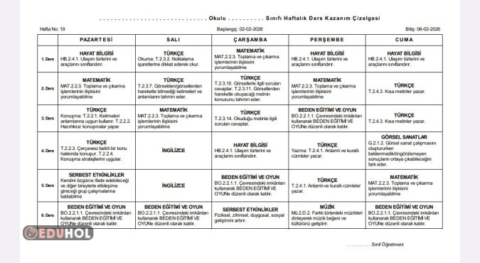 2. Sınıf ders defteri kazanım yazma 19 hafta 02-06.02.2026
