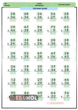 2. sınıf eldeli eldesiz toplama işlemleri kağıdı