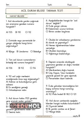2. SINIF HAYAT BİLGİSİ ACİL DURUM BİLGİSİ TESTİ 10 SORULUK