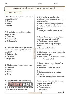 2. SINIF HAYAT BİLGİSİ AİLENİN ÖNEMİ 10 SORULUK TEST